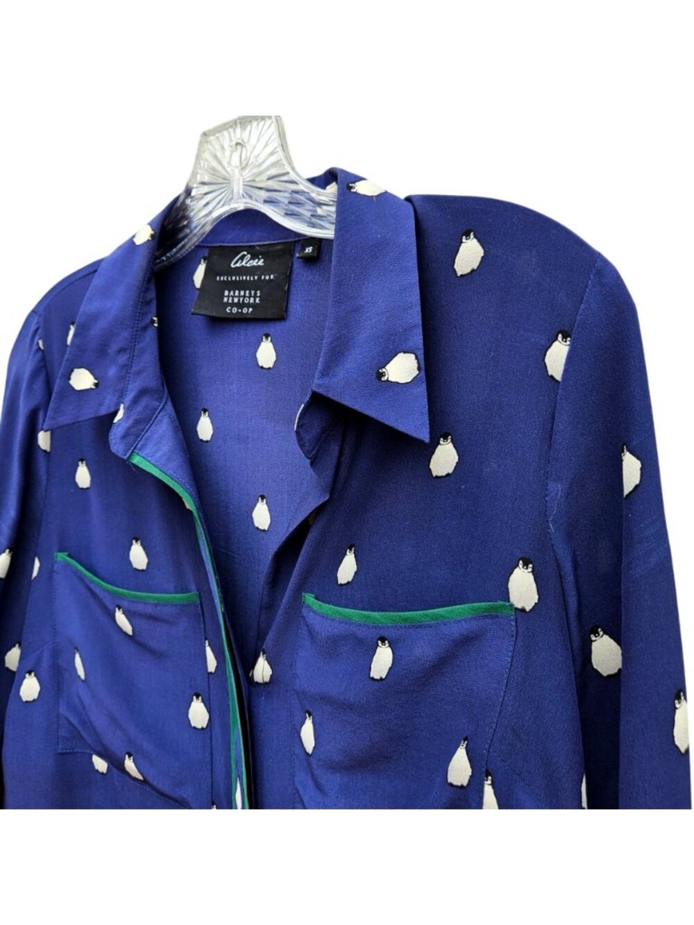Alcée for Barneys New York Co-Op Silk Penguin Print Shirt Green Trim XS to S - Picture 10 of 11